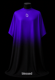 Blessed Capes Noble barber cape featuring a rich purple to black gradient design, lightweight water-resistant material, and full professional coverage for barbers and stylists.