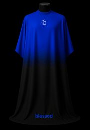 Blessed Capes Royal barber cape featuring a dark blue to black gradient design, lightweight water-resistant material, and full professional coverage for barbers and stylists.