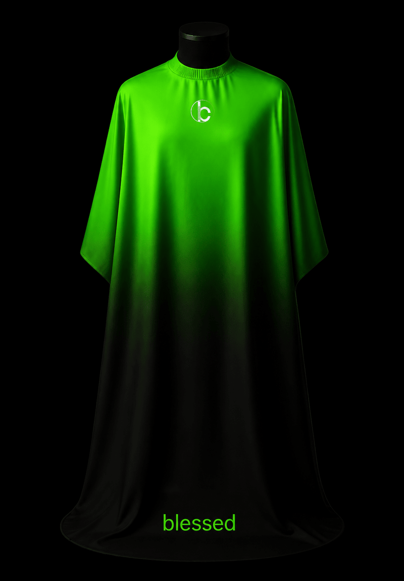 Blessed Capes Toxic barber cape featuring a vibrant green to black gradient design, lightweight comfort, water-resistant material, and full professional coverage for barbers and stylists.