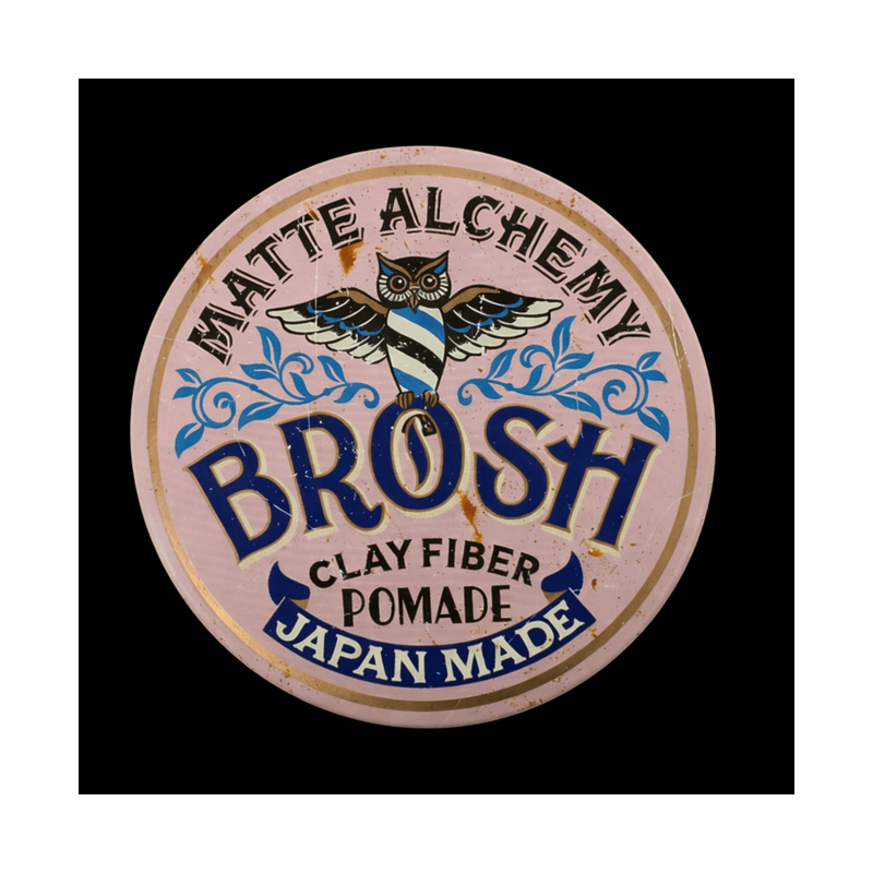 Brosh Clay Fiber Pomade Matte Alchemy Pink – lid top view with owl logo on black background