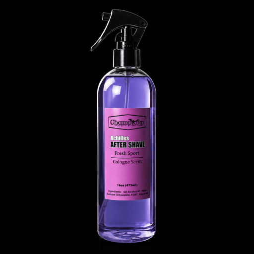 Purple spray bottle with a pink label on a black background