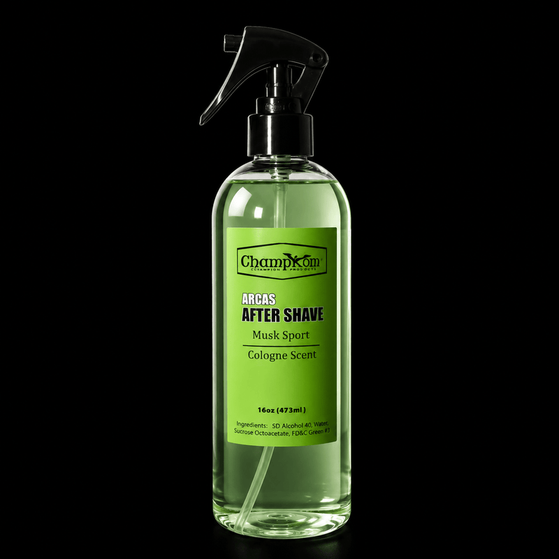 Clear spray bottle with green label on a black background