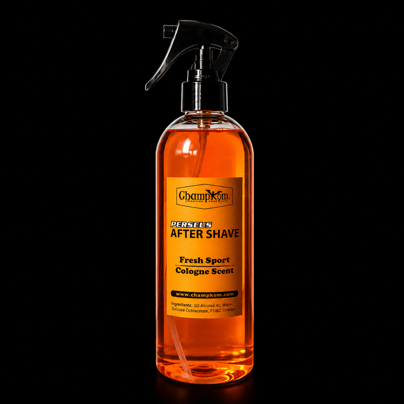 ChampKrom after shave bottle with a black background