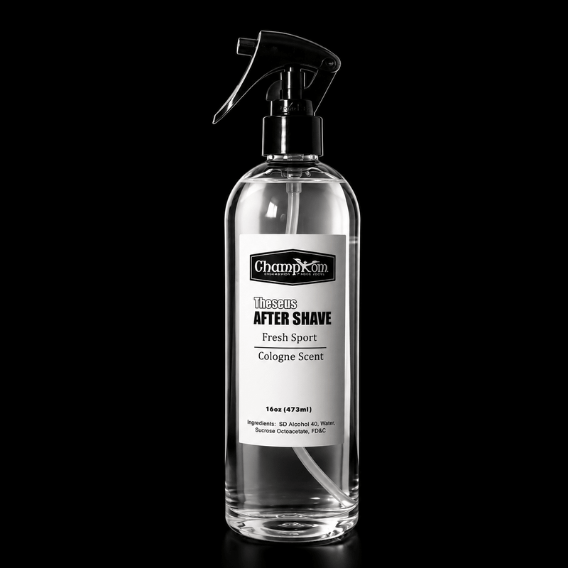 Clear spray bottle of ChampXkin aftershave with a black cap on a black background