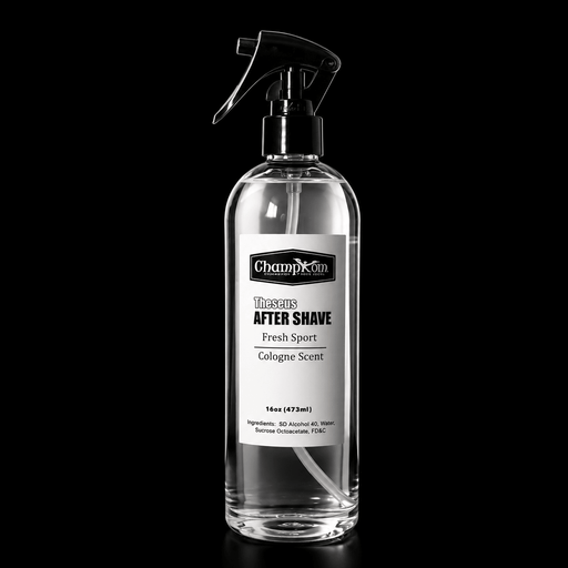 Clear spray bottle of ChampXkin aftershave with a black cap on a black background