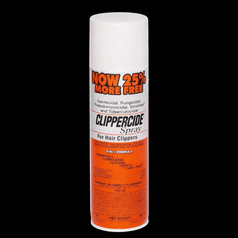 Clippercide Disinfectant & Lubricating Clipper Spray – can with white and orange label on black background
