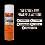 Clippercide Disinfectant & Lubricating Clipper Spray – can with product features highlighted on black background