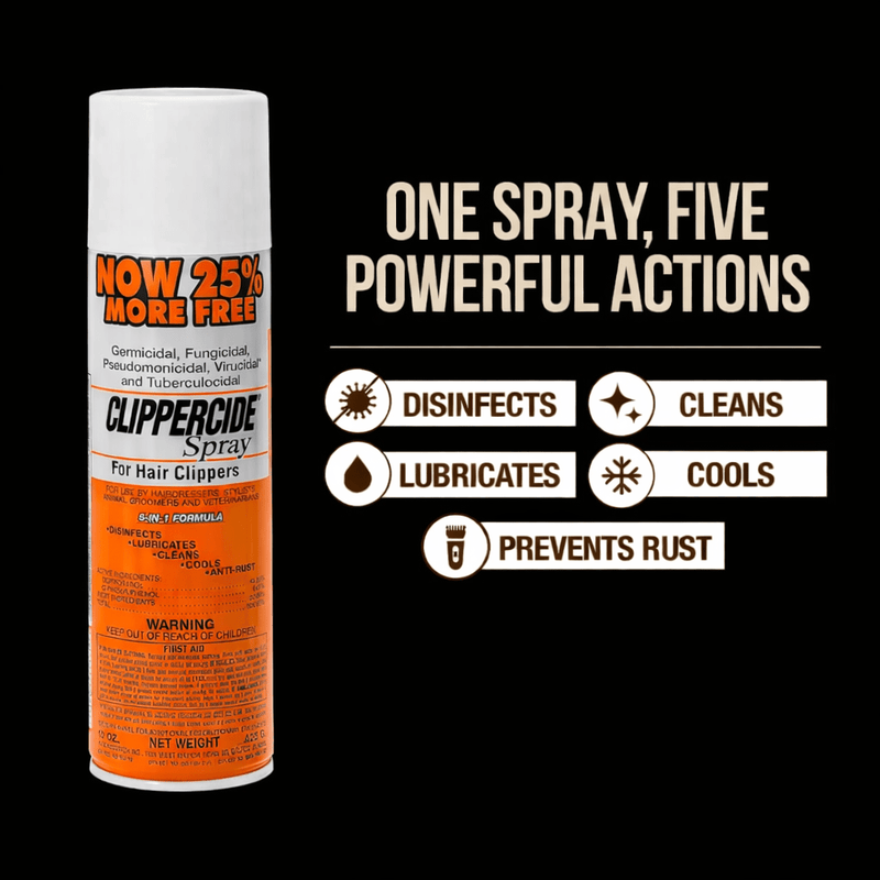 Clippercide Disinfectant & Lubricating Clipper Spray – can with product features highlighted on black background