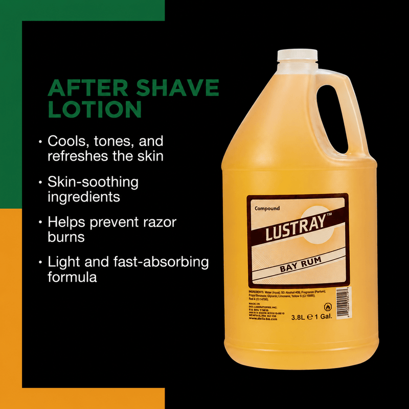 Clubman Lustray Bay Rum After Shave 1 Gallon – product details on black background