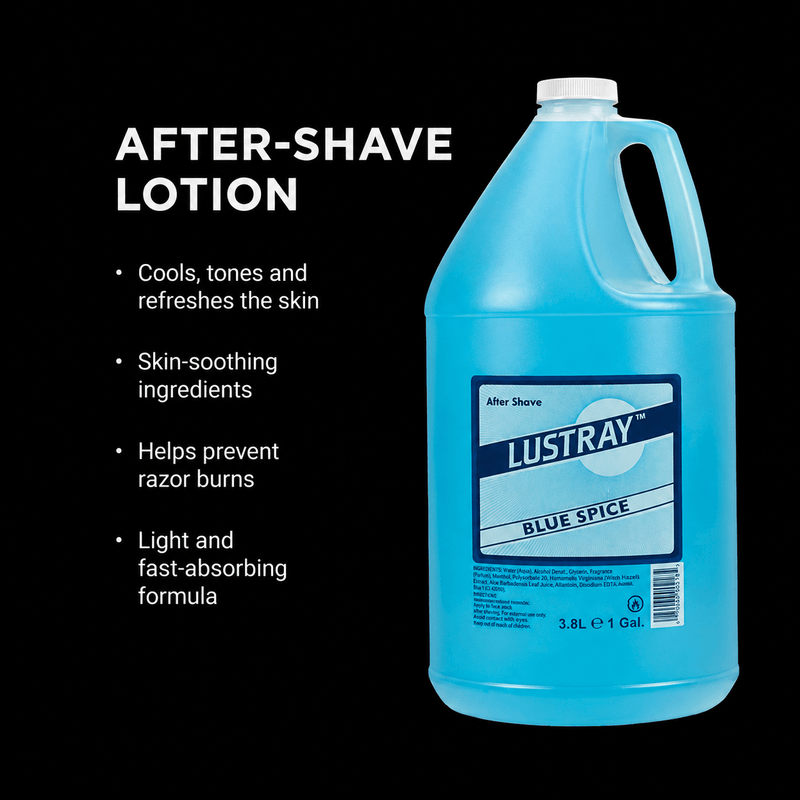 Clubman Lustray Blue Spice After Shave 1 Gallon – fragrance notes on black background