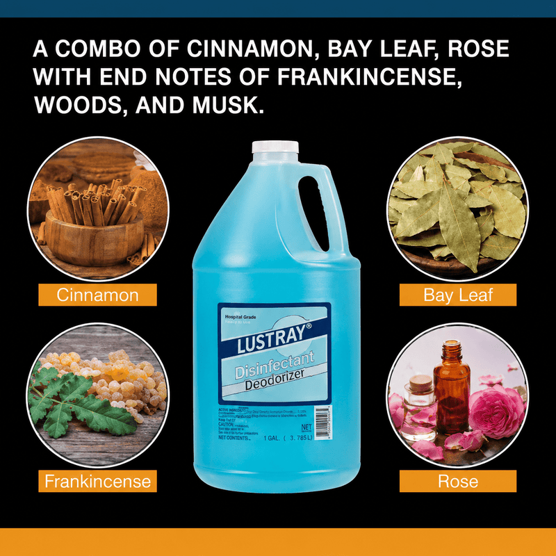 Clubman Lustray Blue Spice After Shave 1 Gallon – scent ingredients on black background