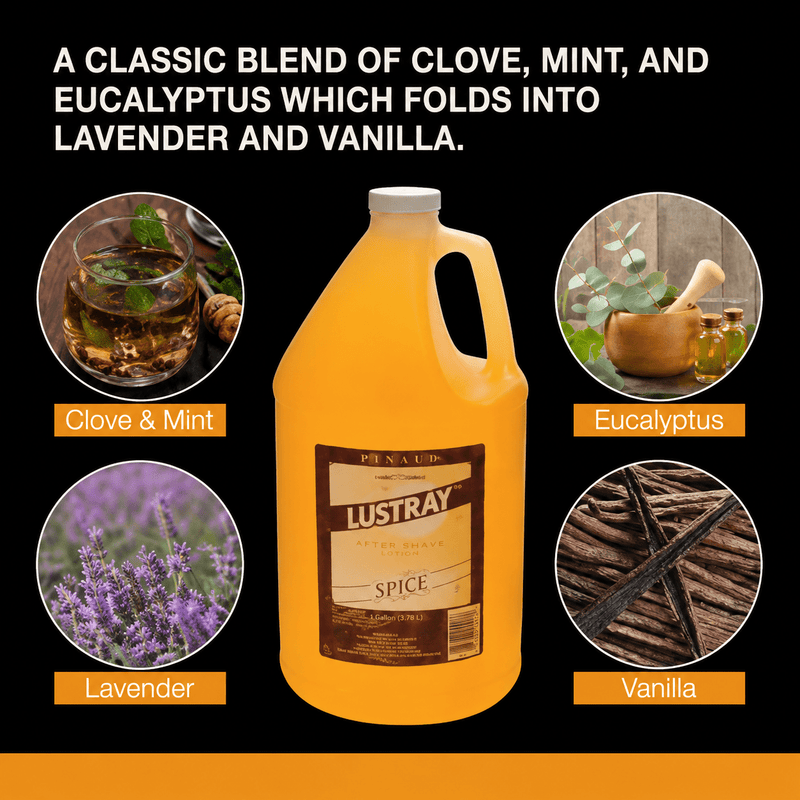 Clubman Lustray Spice After Shave 1 Gallon – fragrance notes clove mint eucalyptus lavender vanilla