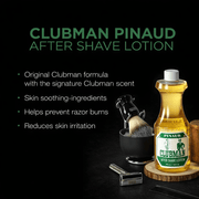 Clubman Pinaud After Shave Lotion 16oz – product features and key benefits on dark background