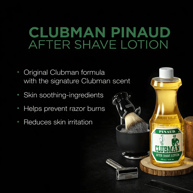 Clubman Pinaud After Shave Lotion 16oz – product features and key benefits on dark background