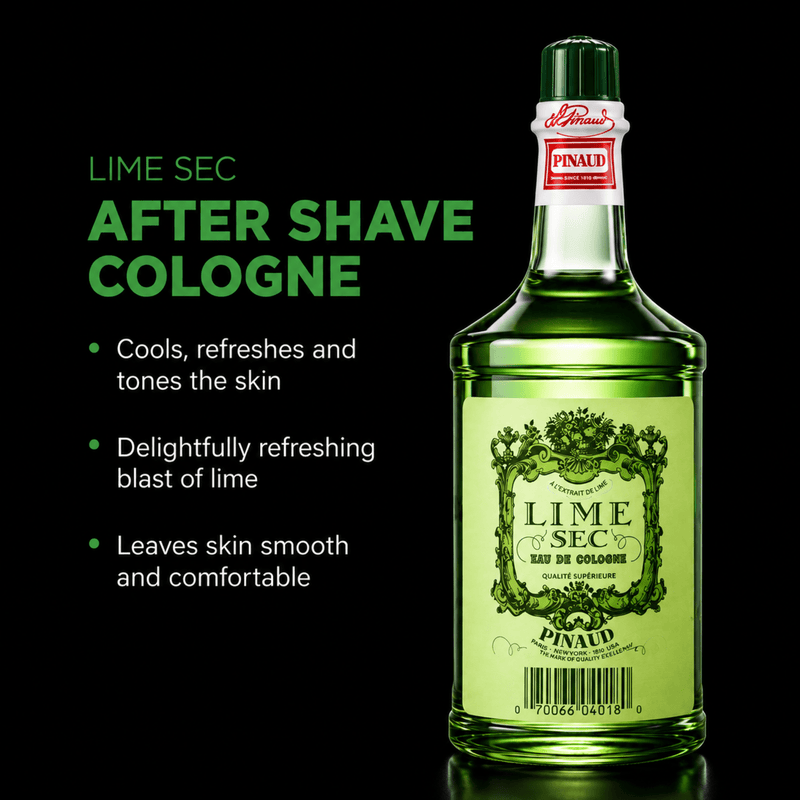 Clubman Pinaud Lime Sec Aftershave – citrus scent benefits on black background
