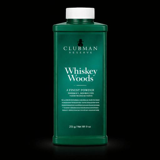 Clubman Pinaud Reserve Whiskey Woods Talc Powder 9oz – bottle on black background