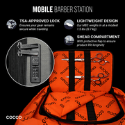 Orange bag with barber tools and COCCO branding, featuring TSA-approved lock and shear compartment.