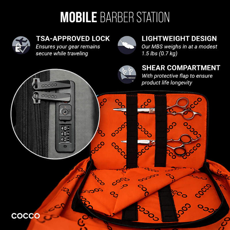 Orange bag with barber tools and COCCO branding, featuring TSA-approved lock and shear compartment.