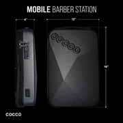 Cocco mobile barber station with dimensions on a black background