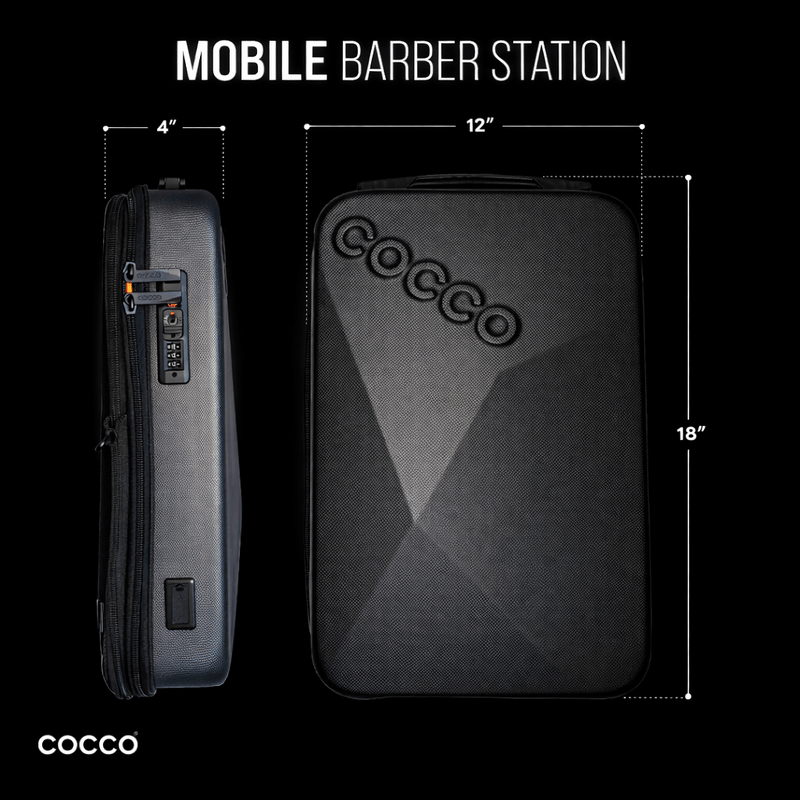 Cocco mobile barber station with dimensions on a black background