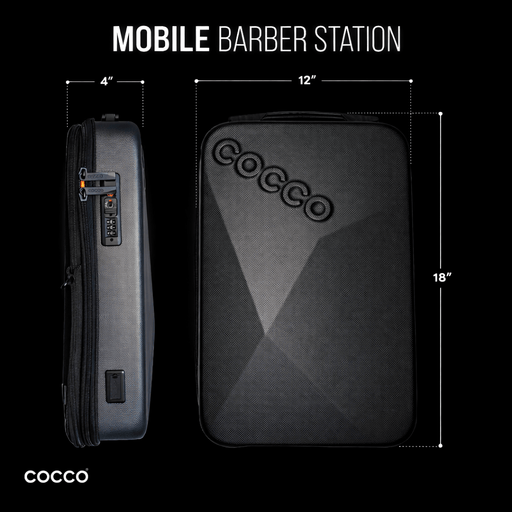 Cocco mobile barber station with dimensions on a black background