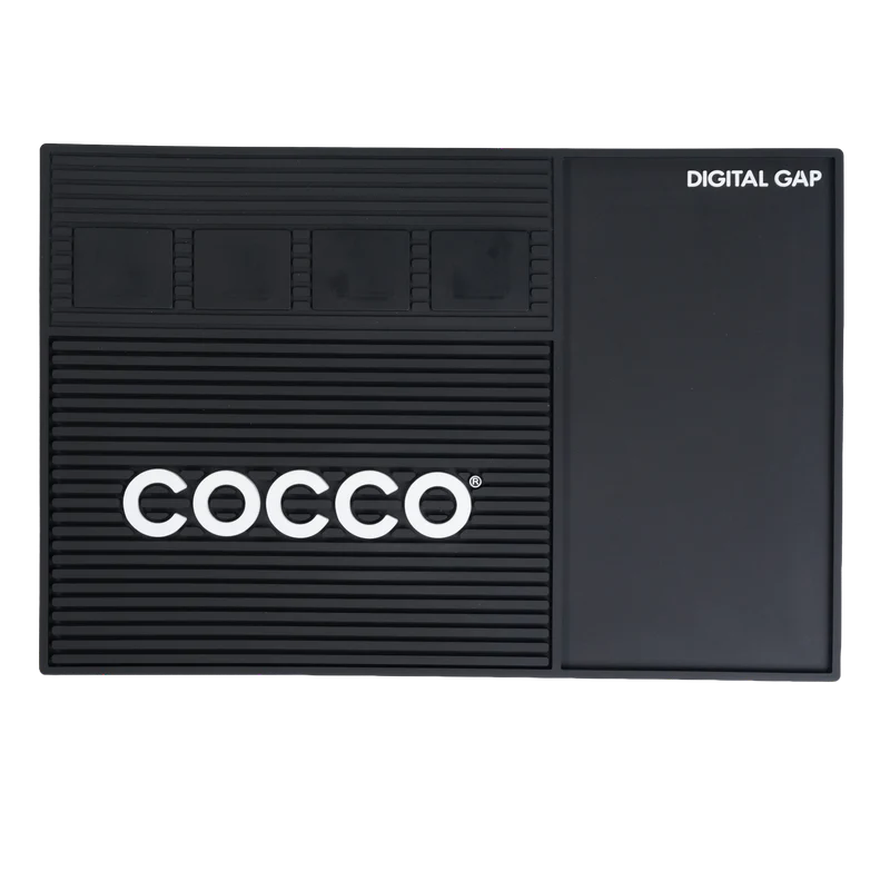 COCCO barber station mat with non-slip surface for organizing clippers, trimmers, shears, and barber tools.
