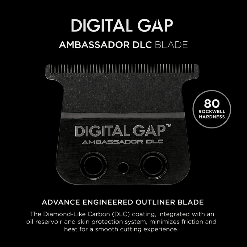 Digital Gap Ambassador DLC blade on a black background with text about its features.
