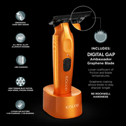 Orange hair trimmer with features highlighted on a black background