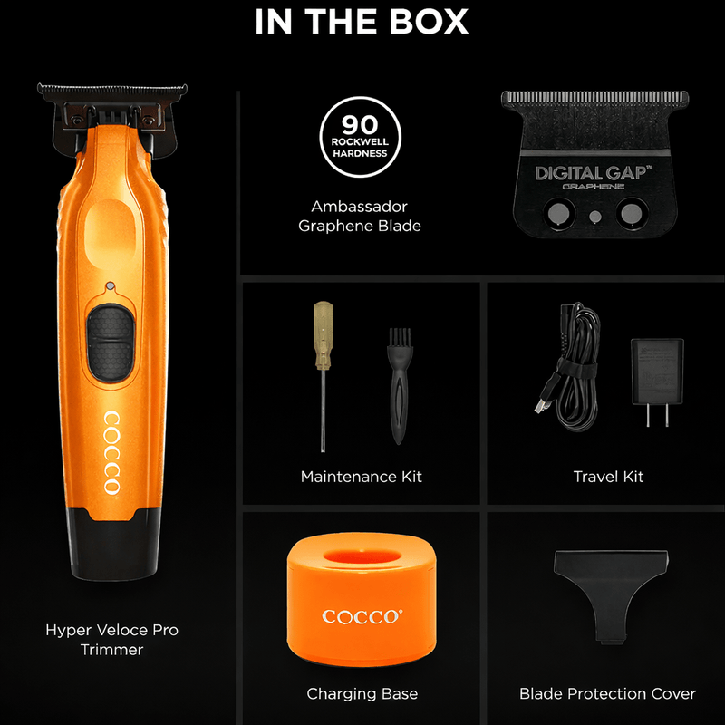 Coco Hyper Veloce Pro Trimmer with accessories on a black background