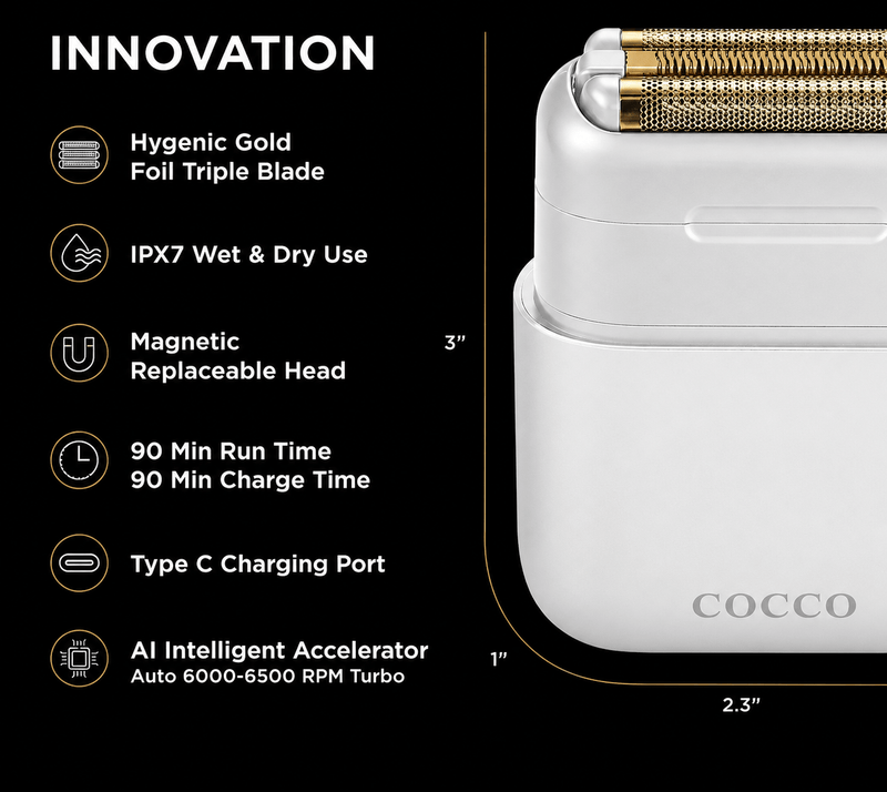 Cocco Impacto compact foil shaver specifications and features infographic