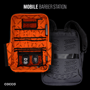 Orange and black mobile barber station with COCCO branding on a black background