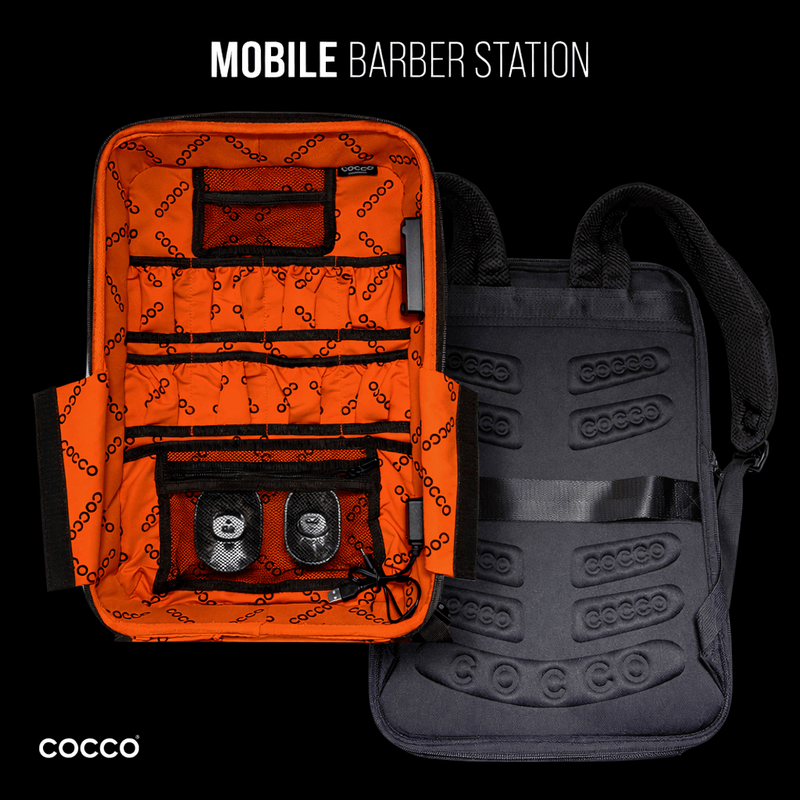 Orange and black mobile barber station with COCCO branding on a black background