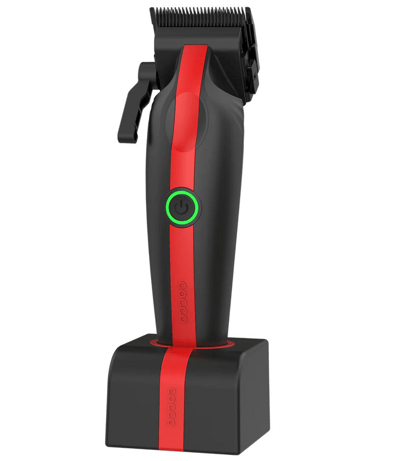 Cocco Veloce Lite clipper black and red professional barber clipper on charging stand
