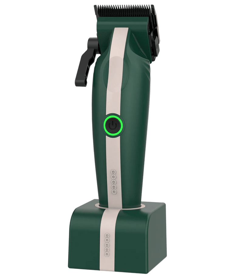 Cocco Veloce Lite clipper green and white cordless barber clipper with charging stand