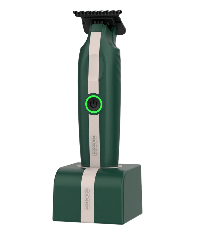 Cocco Veloce Lite Trimmer green on charging stand cordless barber trimmer