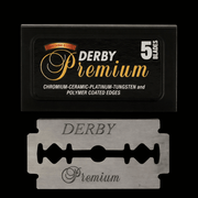 Derby Premium razor blade packaging with a single blade displayed below on a black background