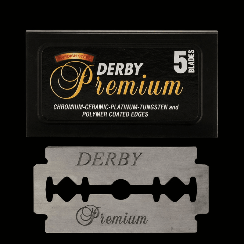 Derby Premium razor blade packaging with a single blade displayed below on a black background