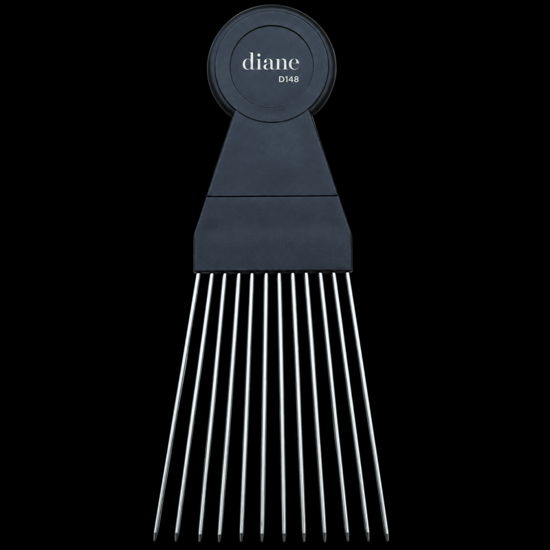 Diane 6½ inch Steel Fan Pick #D148, black Diane handle with steel fan teeth, front view on a black background