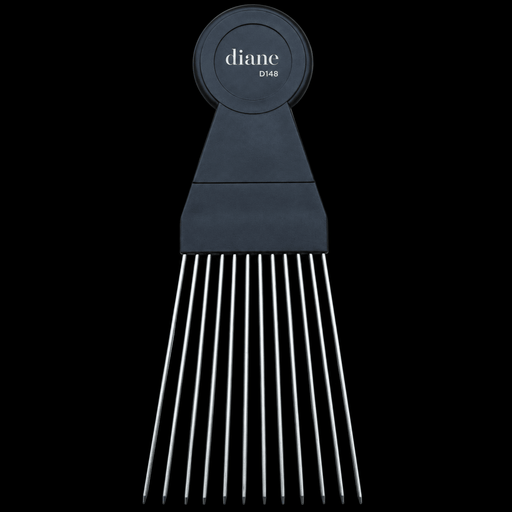 Diane 6½ inch Steel Fan Pick #D148, black Diane handle with steel fan teeth, front view on a black background