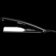 Close-up of the Diane D210 straight razor in an open position showing the stainless steel blade holder and black handle.