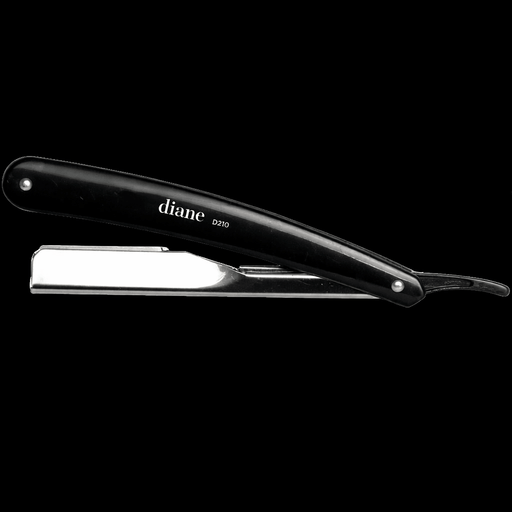 Close-up of the Diane D210 straight razor in an open position showing the stainless steel blade holder and black handle.