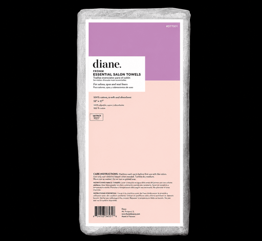 Package of Diane salon towels with purple and pink design on a white background