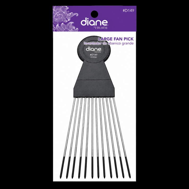 Diane Large Fan Pick #D149 in its purple Diane retail card, black handle with long stainless steel coated-tip teeth