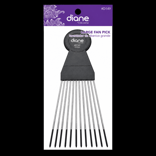 Diane Large Fan Pick #D149 in its purple Diane retail card, black handle with long stainless steel coated-tip teeth