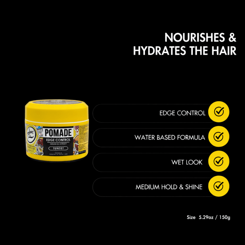 Yellow pomade jar with key benefits on a black background