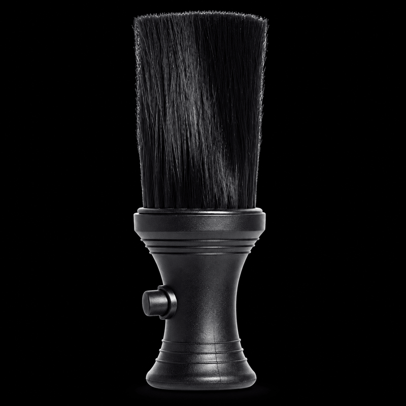 Diane Powder Neck Duster D110, black brush with soft bristles and powder dispenser handle, front view on a black background