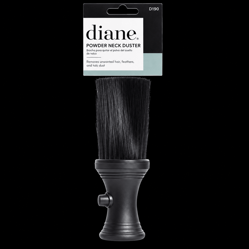 Diane Powder Neck Duster in its retail card reading removes unwanted hair, feathers, and talc dust, on a black background