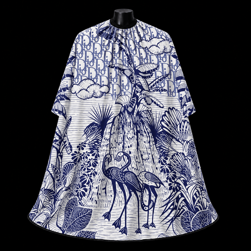 Blue Dior Paradise Barber Cape - front-facing view showing the all-over toile print with tropical birds and palm leaves in blue on a white lightweight water-resistant polyester cape