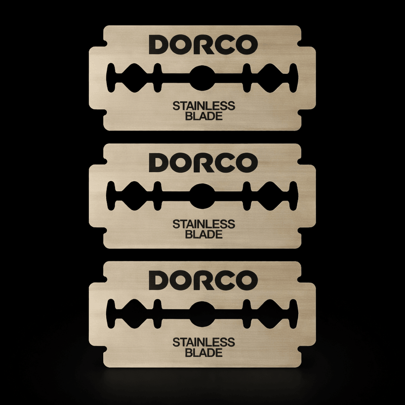 Dorco stainless double edge razor blades close up for professional barber shaving
