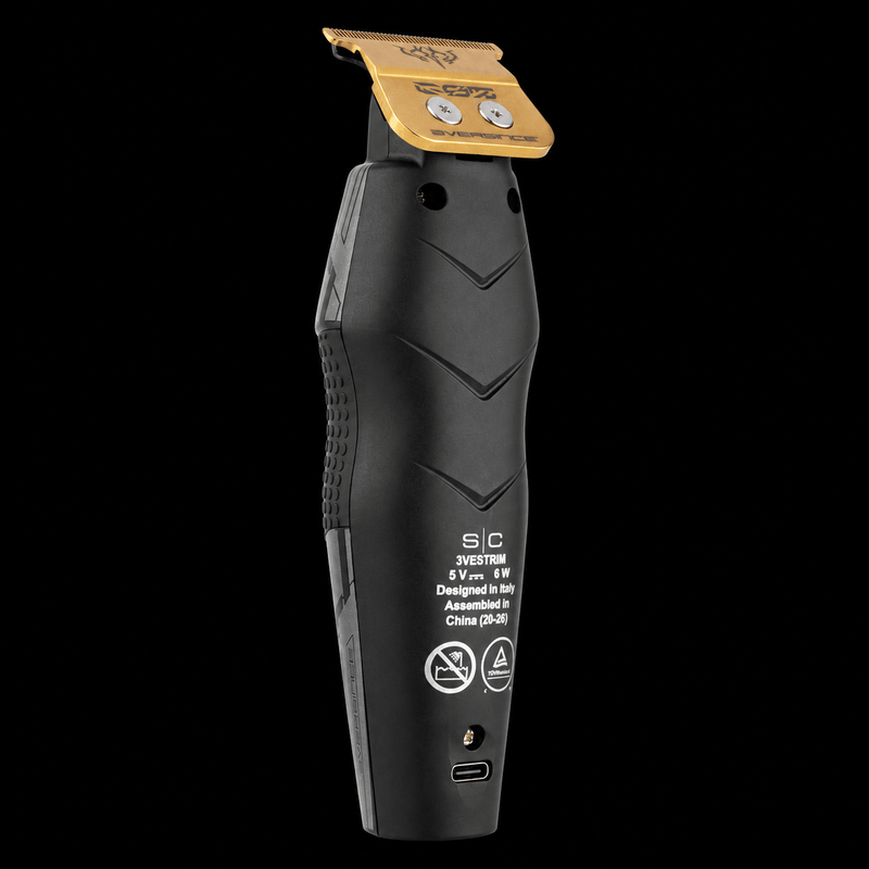 StyleCraft x 3Versince trimmer in black with gold ES5 blade, side view